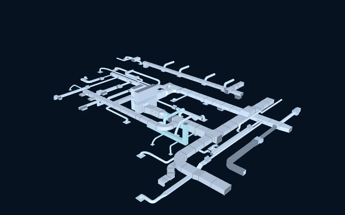 Isometric view of Scott's ductwork model, including main runs, branches, fittings, and equipment.